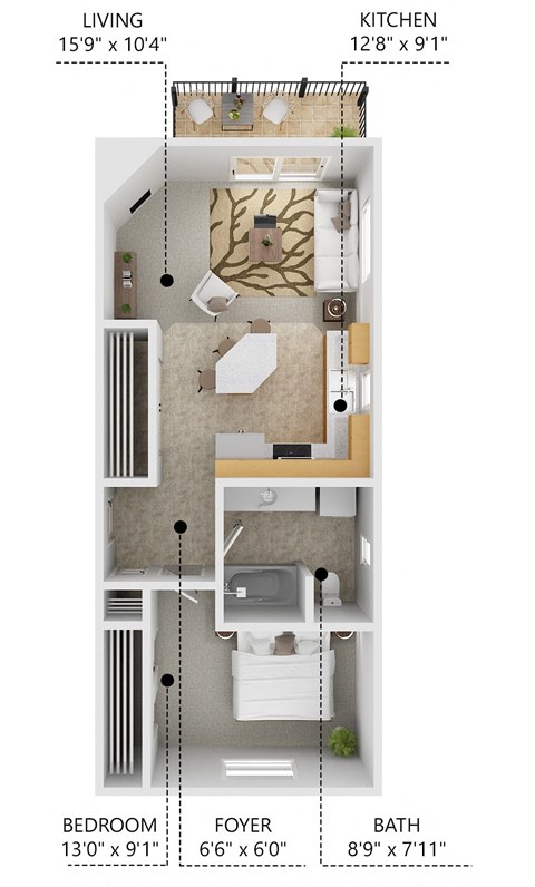 Floor plan for 1 bed, 1 bath, 580 sqft